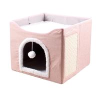 Large Cat Cave, Foldable Cave Kitten House Cat Bed, Cozy Sleeping Condo with Plush Ball and Scratch Pad, 16.14x16.14x13.78 Inches Cute Tent Cube Shelf for Kittens, Puppies