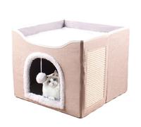 Large Cat Cave - Large House Cat Bed | Cute Condo Pet Nest Cube House with Plush Ball & Scratch Pad for Kitten, Puppy, Small Animals Sleeping