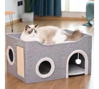 Large Cat House Indoor, Lavish Cat Cave Bed for Big Cats, Collapsible Hideaway with Scratching Area, Enclosed Cat Bed for Indoor Cats (Extended Gray, Large Size)