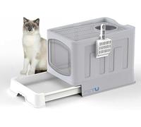 Large Cat Litter Box Litter Tray, Foldable Litter Box with Lid, Scoop, Flap Door, Slide-Out Tray for Easy Cleaning, Large Anti-Splashing Hooded Space Cat Litter Tray