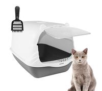 Large Cat Litter Tray Toilet Box, Enclosed Secure Flap Door Lidded Detachable Hood Easy Cleaning, with Charcoal Filter, High Sided Rim Big Extra Spacious, with Cat Litter Scoop, 51 * 37 * 36cm, Grey