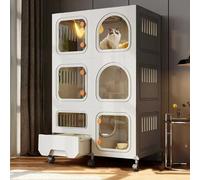 Large Cat Playpen With Wheels - 2/3 Tier Collapsible Metal Wire Crate, Detachable Exercise Enclosure & Litter Box Cage For Indoor Cats, Spacious & Portable Kitty Kennel,Grey-28x18x43