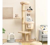 Large Cat Tree, Multi-Level Tall Cat Tower with Sisal Scratching Posts, Hammocks, Hanging Basket, Cat Condo and Removable Washable Cushions, Modern Wood Cat Tree for Indoor Cats Large Adult
