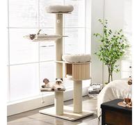 Large Cat Tree, Multi-Level Tall Cat Tower with Sisal Scratching Posts, Hammocks, Hanging Basket, Cat Condo and Removable Washable Cushions, Modern Wood Cat Tree for Indoor Cats Large Adult