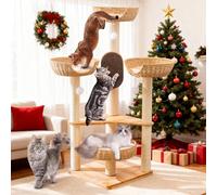 Large Cat Tree Wood - Modern Multi-Cat Tower with Scratching Posts & Handwoven Condo | Sturdy Cat Furniture for Indoor Cats, Modern Cat House Supplies