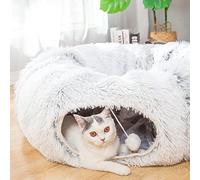Large Cat Tunnel Bed with Washable Cushion &Plush Ball Toy Grey- White Color 3FT