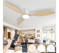 Large Ceiling Fan Lights and Remote for Bedroom, Modern Indoor Low Profile Ceiling Fan with Lamps, 6-speed Silent DC Motor, Memory Function Dimmable Led, for Living Room Lounge-White-WoodGrain||52in