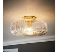 Large Ceiling Light Fitting Ribbed Glass Lampshade Flush Living Room LED Bulb