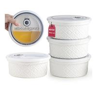 Large Ceramic Bowls 40 oz, Ramekin Bowls for Kitchen, Embossment Serving Bowls with Lids for Fruits, Salad, Snacks, Airtight Food Storage Containers Set of 4 - Suitable for Housewarming, White