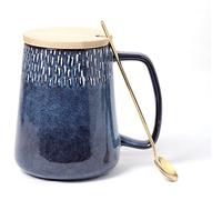 Large Ceramics Coffee Mugs，24 OZ/700ml Extra Large Cups,Matching Lid and Spoon， for Cappuccino, Latte, Hot Cocoa Or Hot Tea -Gift for Birthday/Christmas/Valentine's (24 oz Blue Set)