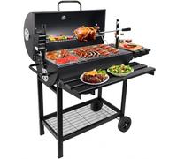 Large Charcoal BBQ Grill with Rotisserie Spit, Barrel Smoker Barbecue with Side Shelves, Ash Catcher & Warming Rack, Outdoor Garden Patio BBQ on Wheels, Heavy Duty Steel