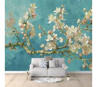 Large Cherry Blossom Wall Mural, Turquoise Blue Floral Wallpaper, Japanese-Style Apricot Blossoms Tree Branches, Non-Self-Adhesive Photo Wallpaper for Bedroom & Living Room, 158" x 110" (400 x 280 cm)