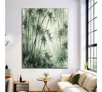 Large Chinese Ink Painting Bamboo Forest Unframed Canvas Wall Art, Zen Landscape Wall Decor, Dark Green Modern Art Poster Canvas Painting Picture For Living Room Office Bedroom, Frameless, 60X80Cm