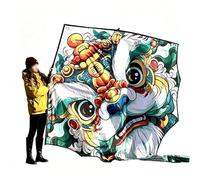 Large Chinese Lion Kite for Adults, Single-line with Winder, Resin Poles & Grid Cloth, Giant Outdoor Flying Toy(String 700m/2296ft)