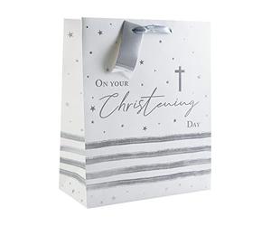 Large Christening Gift Bag White with Silver Foil Cross Unisex Girl Boy 13x10.25