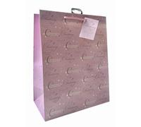 Large Christening Girl Gift Bag - Pink with Silver Writing and Hearts White Stars 13x10.25"