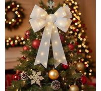 Large Christmas Bow Decorations, LED Pre-Lit Glitter Bow Christmas Tree-Topper Lighted Bows Xmas Ornament for Home Decor and Holiday Display(Luminous silver)