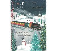 Large Christmas Card for Husband - Luxury Festive Design with Train & Snow Scene - Romantic Xmas Greeting Card with Red & White Twine - Traditional Winter Theme - 26 x 18 cm