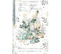 Large Christmas Card for Wonderful Friends, 24 x 16 cm - Luxury Foil Finish with Attached Silver Ribbon - Champagne & Gifts Design - “Wishing You Every Happiness” Festive Greeting