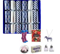 Large Christmas Crackers in Silver and Blue with - with very different gifts and adjustable hat, set of 6