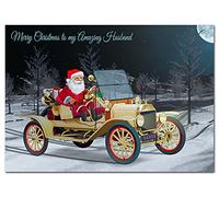 Large Christmas Husband Santa Model T Car Card - Big thick XL size - Special Happy Merry Xmas - Luxury Greetings Traditional Good Wishes - Very Unusual Creative - A4 - Eco-Friendly - Made in UK