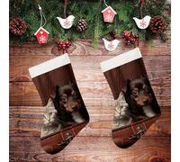 Large Christmas Stockings - Cat and Dog Sitting in Leather Pocket Personalized Xmas Stockings, Rustic Plush Xmas Hanging Stocking Decorations for Family Holiday Christmas Party Decorations 16.5 Inch