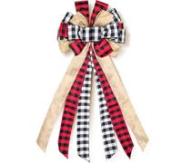 Large Christmas Tree Topper 13 x 30 Inch Red and Black Burlap Buffalo Plaid Bow Rustic Farmhouse Holiday Decoration for Wreaths, Garlands, Front Door, and Outdoor Decor