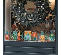 Large Christmas Window Stickers Reusable - Scandi Village Houses Christmas Street Scene Border - Double Sided Christmas Window Decorations