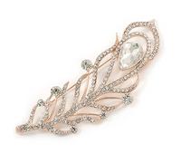 Large Clear Crystal, CZ Peacock Feather Brooch In Rose Gold Metal - 10cm