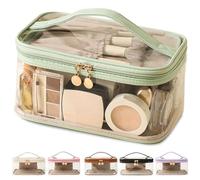 Large Clear Makeup Bag Big Cosmetic Bags Waterproof Toiletry Orangizer with Handle Transparent Toiletries Case Travel Pouch for Women Girls Daily Beauty Essentials Skincare Bag, Light Green, Clear