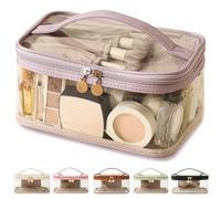 Large Clear Makeup Bag Big Cosmetic Bags Waterproof Toiletry Orangizer with Handle Transparent Toiletries Case Travel Pouch for Women Girls Daily Beauty Essentials Skincare Bag, Light Purple, Clear