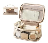 Large Clear Makeup Bag Big Cosmetic Bags Waterproof Toiletry Orangizer with Handle Transparent Toiletries Case Travel Pouch for Women Girls Daily Beauty Essentials Skincare Bag, Off White