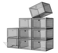 Large Clear Shoe Boxes Organizer【Thicker Material】Stronger Shoe Box with Magnetic Door, Stackable Shoe Storage Box for Closet, Foldable Space-Saving Storage Bins Shoe Cabinet, Clear Black【9-Pack】