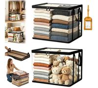 Large Clear Thick Plastic Storage Box with Hinged Lid, Foldable & Dustproof Organization Bins, Extra Large Heavy-Duty Thick Plastic Clear Storage Bag for Clothes, Moving & Storage (2PCS-Black,L)