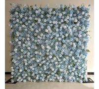 Large cloth-based artificial light blue roses with green leaves flower wallhandmade plant background wall, for shopping mall window/wedding background/Photography decoration(2.4 * 2.4m/7.8 * 7.8FT)