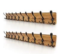 Large Coat Rack Wall Mount - 38.6" Rustic Solid Pine Wood Rack with 10 Heavy Duty Triple Hooks - Coat Hanger Wall Mounted Entryway Organizer for Coats, Towels, Hats - 50lbs Load Capacity - 2 Pack