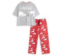 Coca-Cola Polar Bears Womens Red Grey Short Sleeve Long Leg Pyjama Set | Retro Logo Sleepwear & Lounge Wear | Comfortable Nightwear for Relaxing Merch
