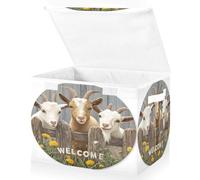 Large Collapsible Fabric Storage Bins with Lids 16.5*12.6*11.8in A Circular Wooden Plaque Shows Three Goats Peeping Out From Behind A Row Of Wooden Fences and The W Foldable Storage Boxes Organizer C
