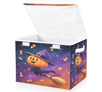 Large Collapsible Fabric Storage Bins with Lids 16.5*12.6*11.8in A Smiling Pumpkin Wearing A Curved Witch Hat Rode A Broom Through The Starry Night Sky Surrounded Foldable Storage Boxes Organizer C