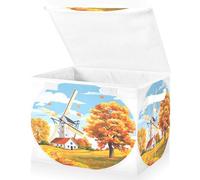 Large Collapsible Fabric Storage Bins with Lids 16.5*12.6*11.8in Children's Illustrations with Circular Frames in The Autumn Countryside Tall Windmills with Static Foldable Storage Boxes Organizer C