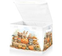 Large Collapsible Fabric Storage Bins with Lids 16.5*12.6*11.8in Happy Woodland Animals Wearing Autumn Clothes Are in The Pumpkin Field Foldable Storage Boxes Organizer Containers Baskets Cube for S