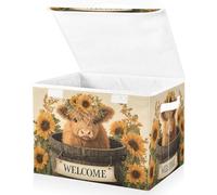 Large Collapsible Fabric Storage Bins with Lids 16.5*12.6*11.8in Highland Cow Baby Sat in An Old Wooden Barrel with Big Flowers on His Head Surrounded by Foldable Storage Boxes Organizer C