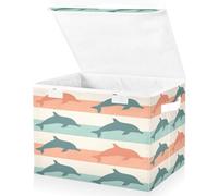 Large Collapsible Fabric Storage Bins with Lids 16.5*12.6*11.8in Silhouette Of Leaping Dolphins Against Teal and Coral Stripes Scandinavian Design Ikea Kids Collec Pattern Foldable Storage Boxes Org