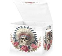 Large Collapsible Fabric Storage Bins with Lids 16.5*12.6*11.8in The Front View Of The Indian Chieftain's Headdress on The Skull in The Style Of Marvel Comics with Foldable Storage Boxes Organizer C