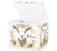 Large Collapsible Fabric Storage Bins with Lids 16.5*12.6*11.8in This Is A Circular Watercolor Sign A Goat Wearing A Daisy Corolla and The Text Is Welcome Foldable Storage Boxes Organizer Containers