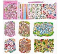 Large Collection 3D Miniature Scene 6 Sets of Stickers,DIY House Sticker with Tweezers Make Your Own Cute Cartoon Sticky Pack for Adults Girls Relief Stress Pass The Time,Party Favors Birthday Gift