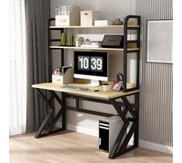 Large Computer Desk with Storage Shelves Wooden Home Office Writing Table & Bookshelf PC Laptop Gaming Desk for Study 100x60x170cm Natural Finish