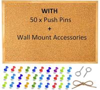 Large Cork Pin Notice Board Bulletin Vision Boards For Home Bedroom offices Memo Message Pictures Planner Display Organiser Wood Frame Corkboard - Wall Mount Screws And 50 Push Pins - 600 x 400 mm