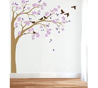 Large Corner Tree Wall Decal with Big Blossoms, Birds and Leaves Nursery Wall Art Sticker Mural 087 (Leaning Right, Light Brown; Lavender; Lilac; Brown)