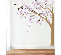 Large Corner Tree Wall Decal with Big Blossoms, Birds and Leaves Nursery Wall Art Sticker Mural 087 (Leaning Left, Light Brown; Lavender; Lilac; Brown)
